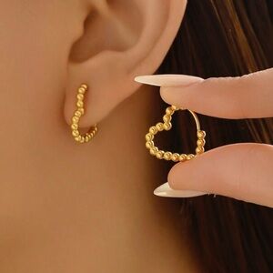 Gold Plated Stainless Steel Beaded Heart Hoop Earrings